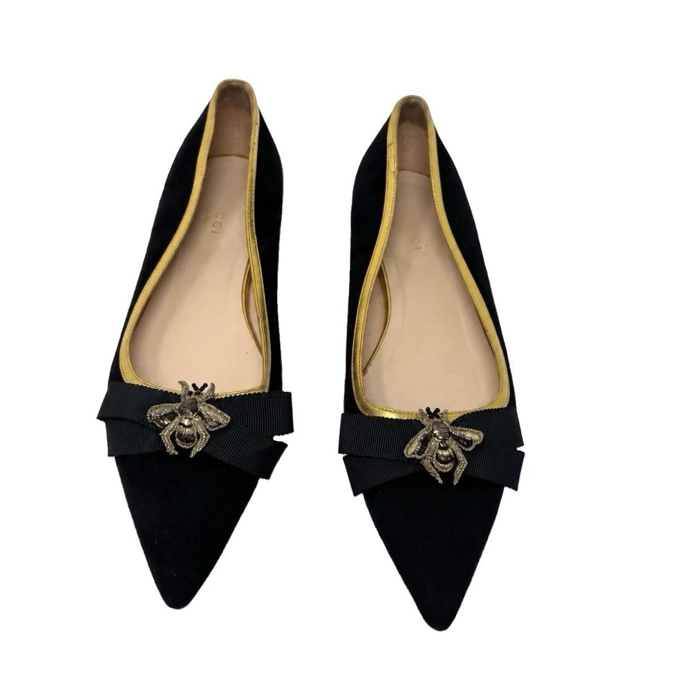 Gucci Black Suede Bee Bow Pointed Toe Ballet Flats Gold Trim EU 37 417574 US 7